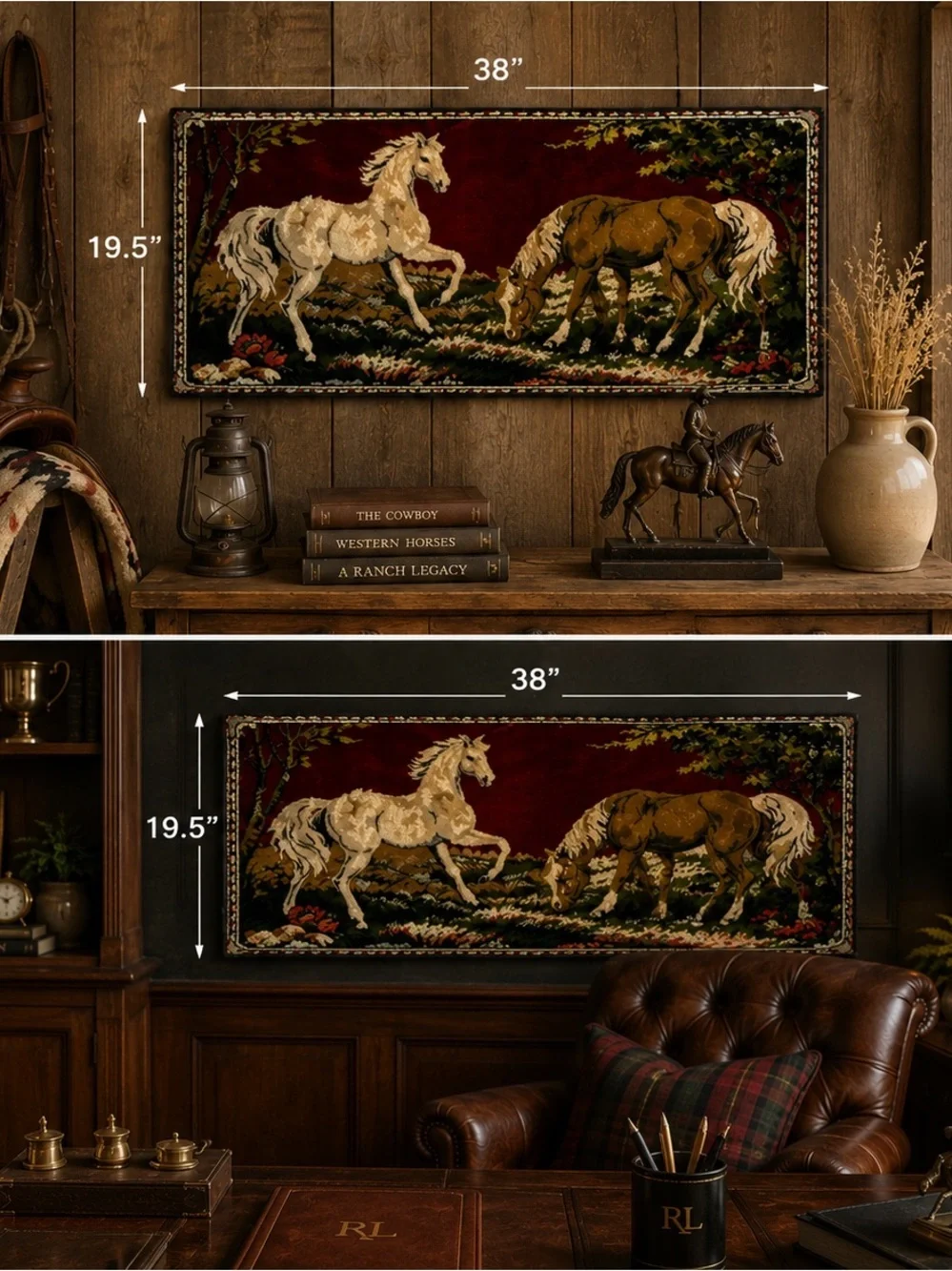 Vintage Horse Tapestry Wall Hanging Equestrian Rug Western Ranch Decor 38x19.5”